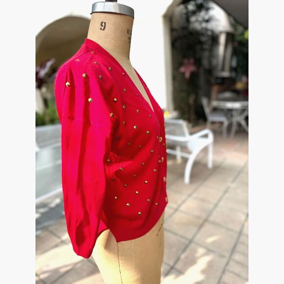 Vintage Y2K Cherry Red Gold Studded 4 Button Slightly Oversized Cardigan Size M - Picture 4 of 8